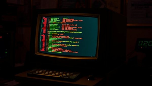 Retro computer displaying terminal code in a vintage setup.