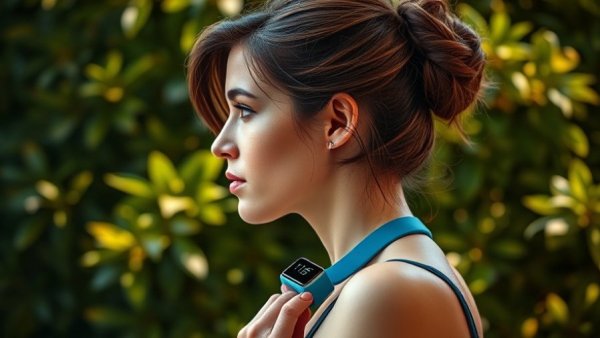 Woman wearing fitness tracker, posing against green background