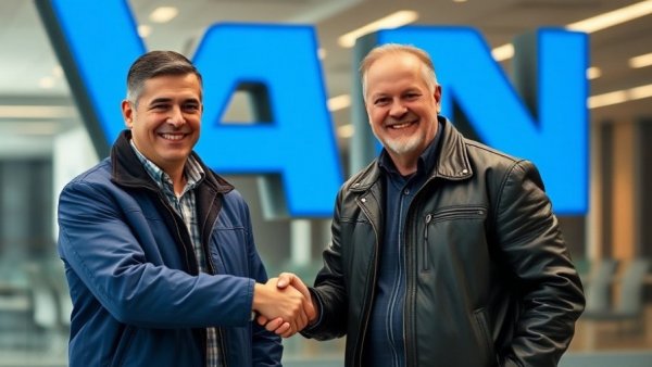 Intel comeback story: Two men shaking hands in a corporate setting.