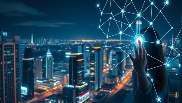 Businesswoman engaging with digital network at night, retail AI data problem.