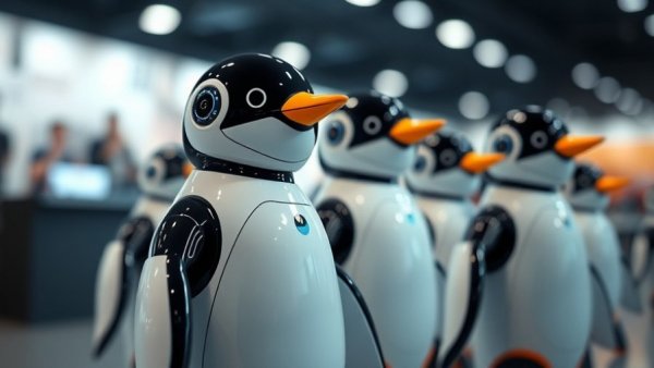 AI kids' toys resembling penguins in a line, high-tech and interactive.