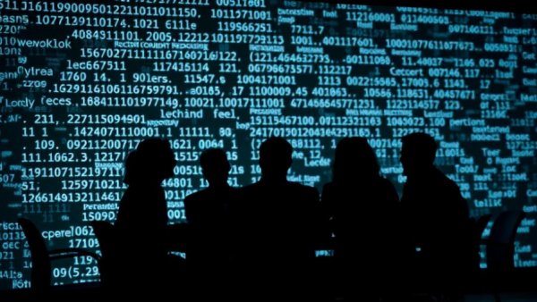 Silhouetted team discusses AI with digital code backdrop
