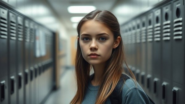Indifferent young woman in school hallway, cinematic photo.