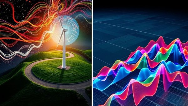 Abstract data visuals with wind turbine and colorful graphs in DeepMind program.