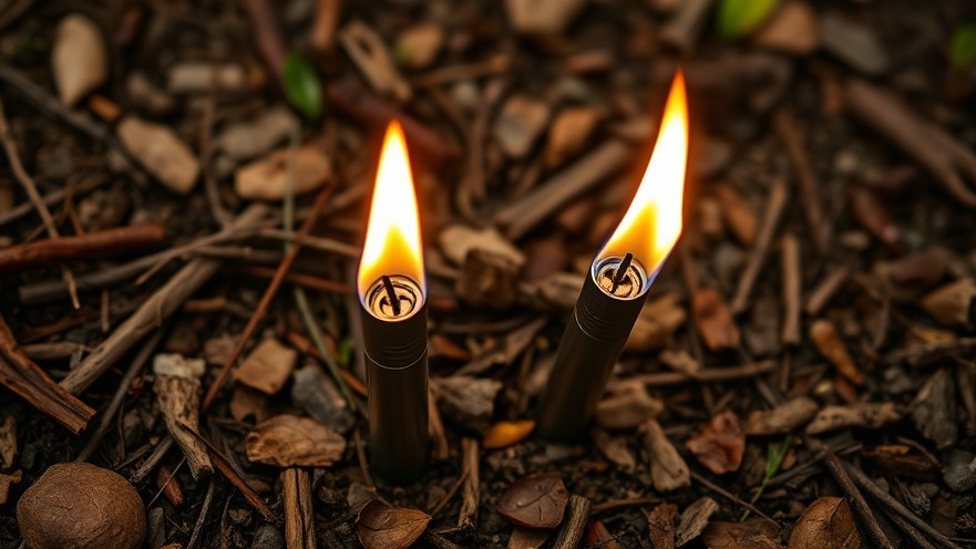 Close-up of affordable torch lighters among natural forest floor, ideal camping gear.