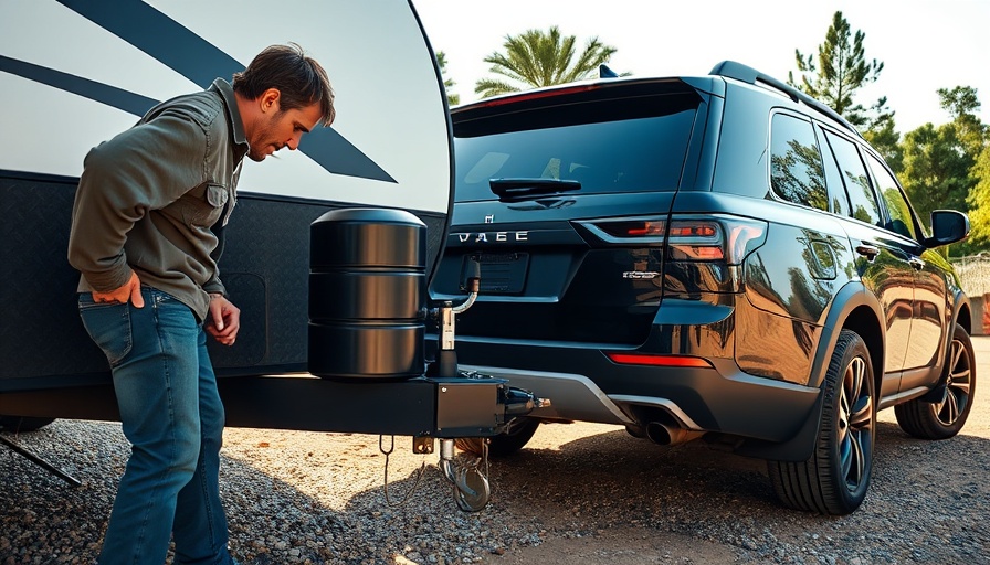 Person connecting travel trailer to SUV showcasing types of trailer hitches