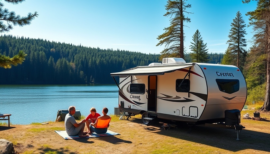 Family camping with fifth wheel under 30 feet by a lake