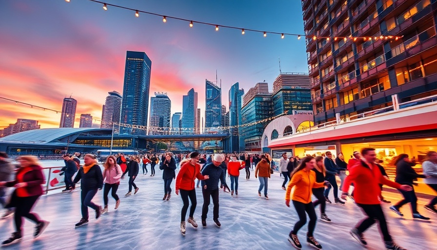 Ice Skating at Darling Harbour during sunset with a cityscape.