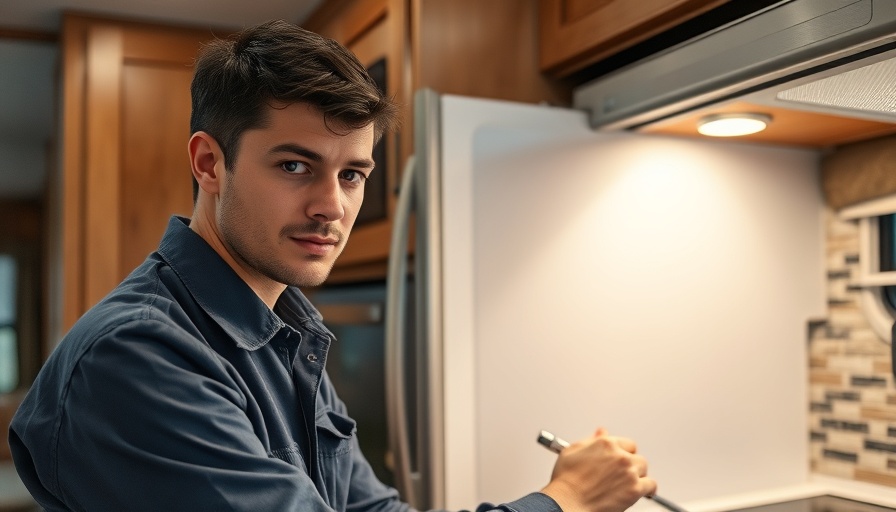 Technician replacing an RV refrigerator in a wooden kitchen.