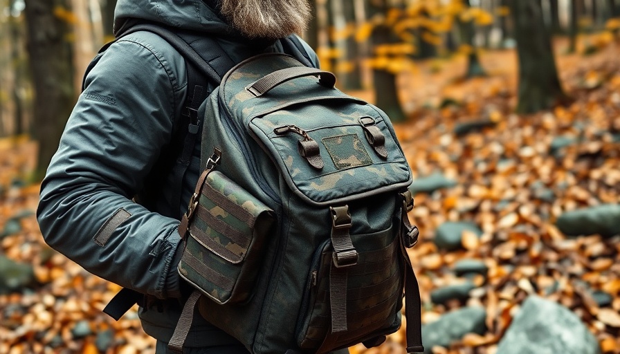 Man showcasing tactical backpack in fall forest, glamping gear.