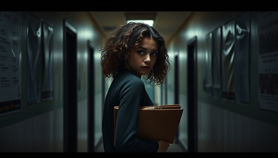 Tense woman in dim hallway with posters, Zach Cregger weapons horror film.