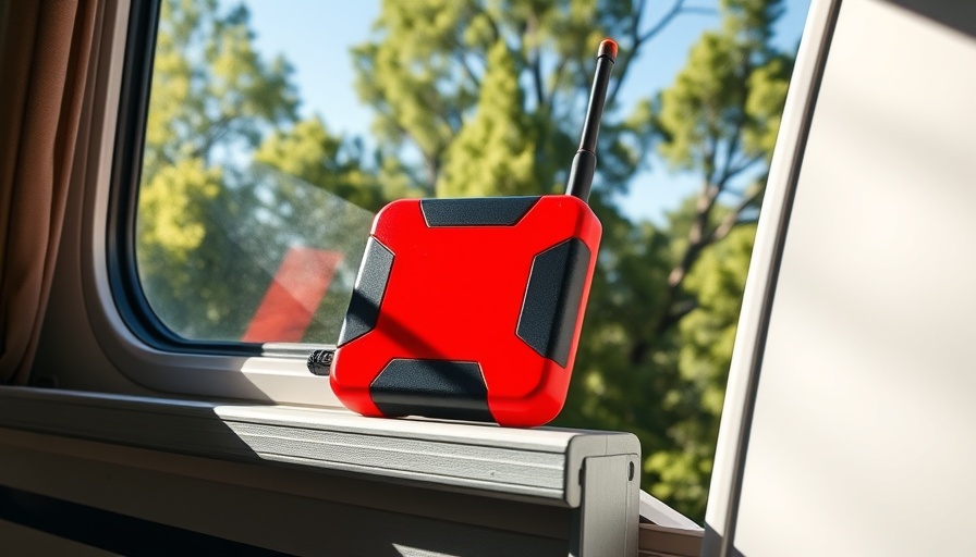 Cell phone signal booster for camping in a sunny camper window with green outdoor view.