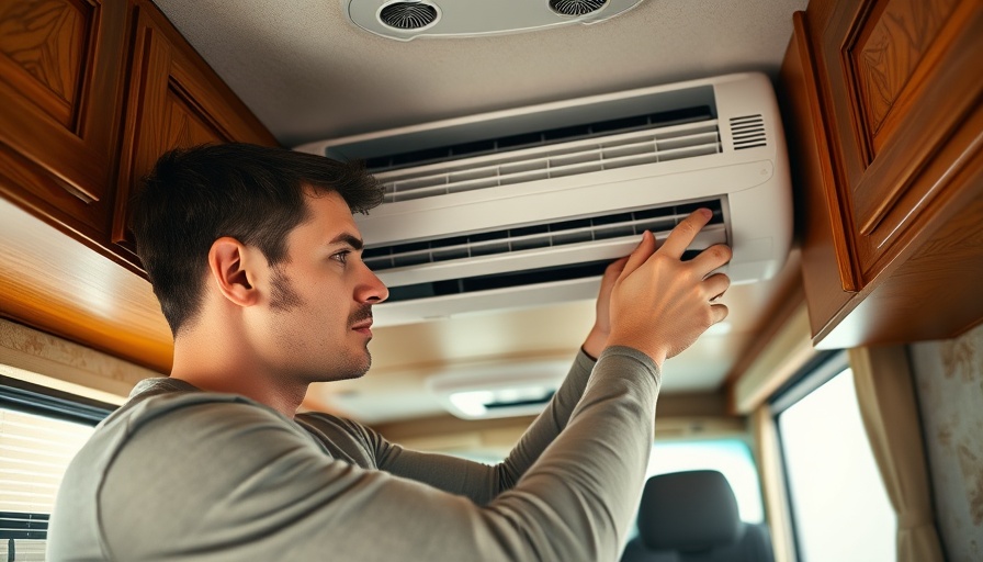 Young man troubleshooting RV air conditioner in compact interior.