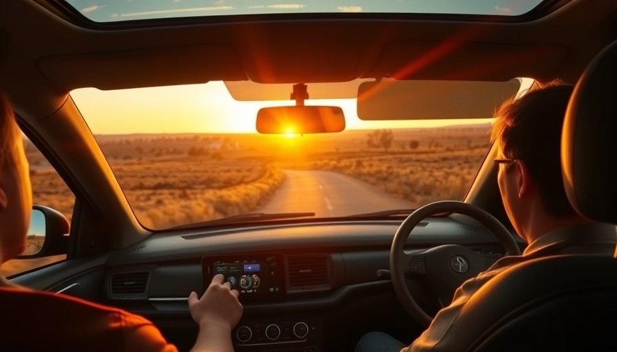 Driving towards sunset in rural Australia, glamping journey.