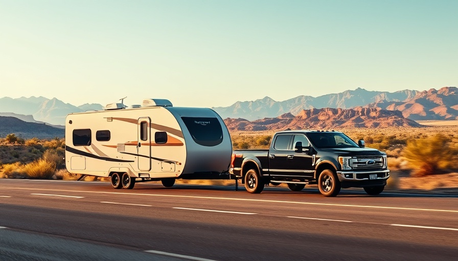 Black truck towing travel trailer sleeps six on desert road.