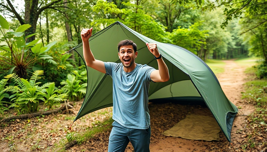 MC Tomount tent reviews featuring a man and a tent setup in nature.