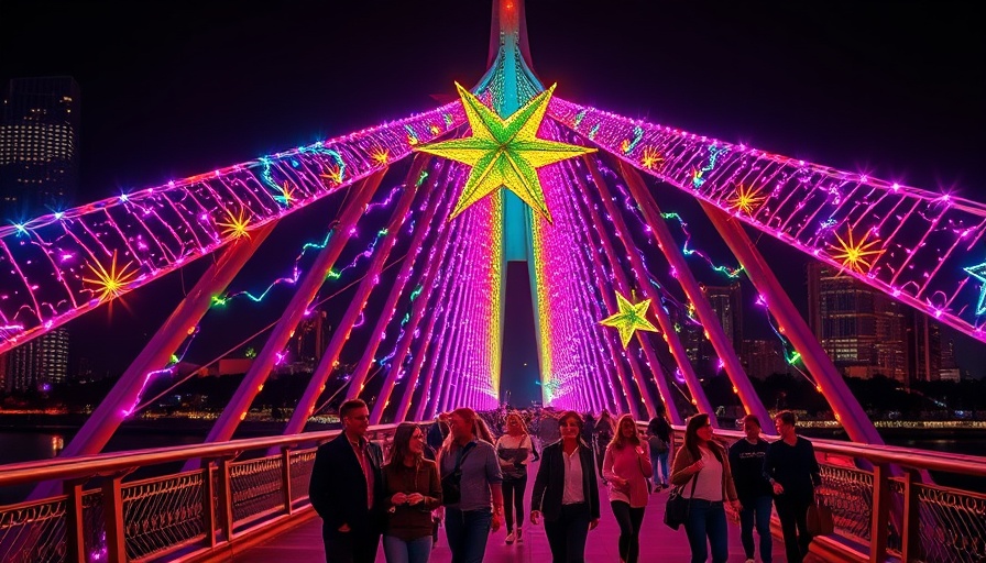 Melbourne comedy walk-and-talk under colorful bridge lights at night.