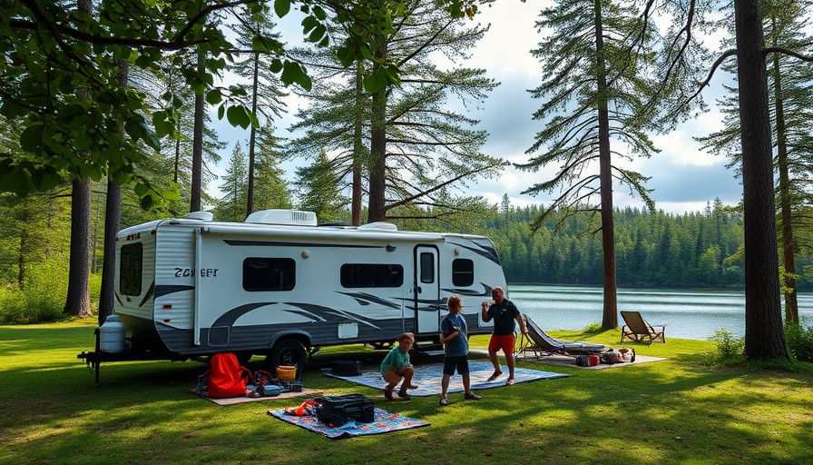 Camping by a lake with a 20 foot travel trailer and lush greenery.
