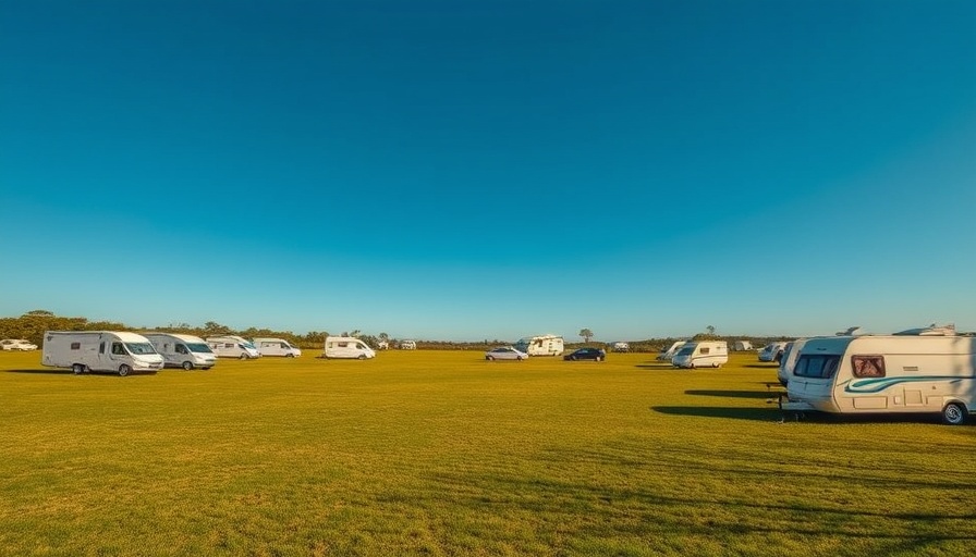 Kingston SE Jetty Parking Area with parked caravans under a blue sky.