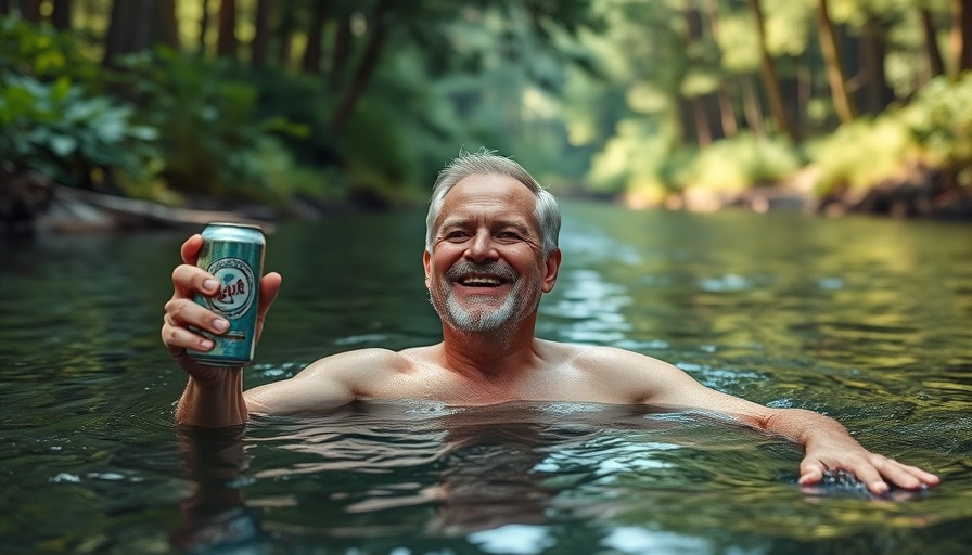 Joyful man swimming with a beverage can, perfect Father's Day gifts for campers.