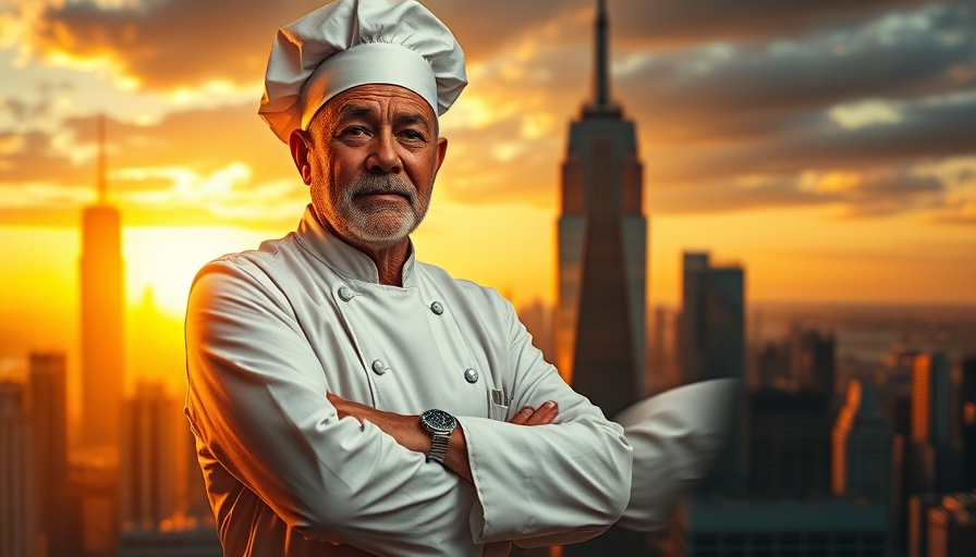 Elderly chef at sunset with city view, showcasing luxury and expertise.