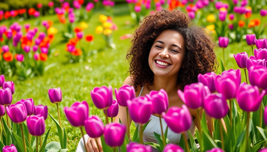 Woman smiling among purple tulips at an Australian flower festival.