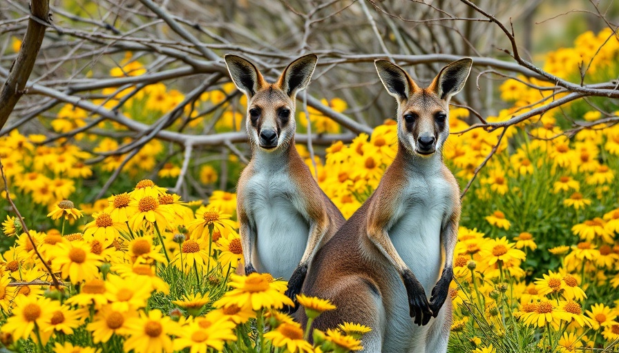 Kangaroos in a field of wildflowers in Western Australia.