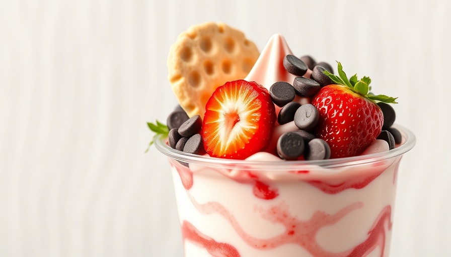 Fro-Bowl Auburn frozen yogurt cup with strawberries and toppings.