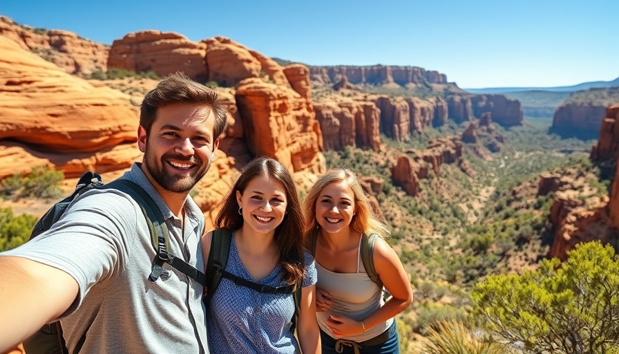 Family hiking in Australia with red rock backdrop