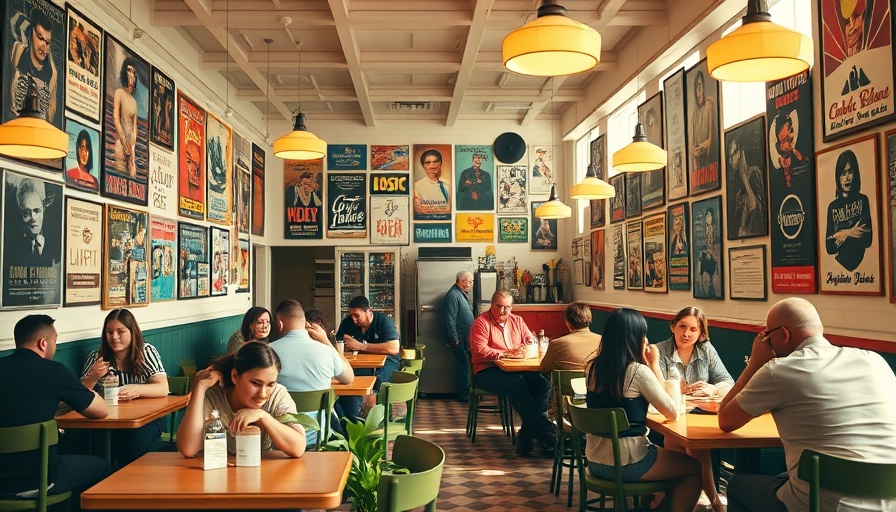 Vibrant cafe interior, eclectic posters, patrons enjoying Glamping at Primavera at Pepito's.
