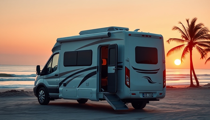 Modern wheelchair accessible RV on beach at sunset.