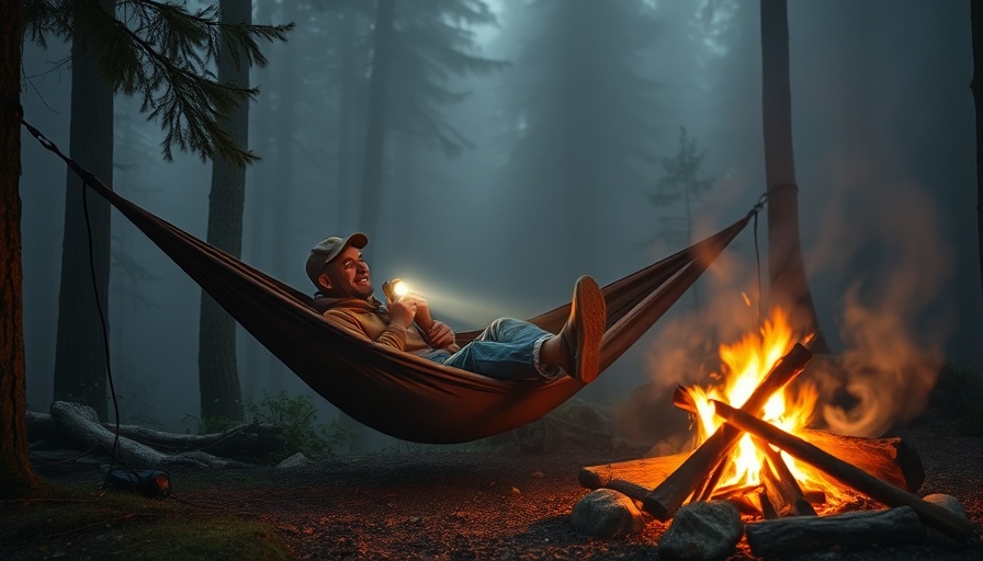 Foggy glamping scene with hammock and campfire in forest