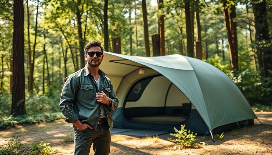 Glamping gear safety scene in a forest with modern tent.