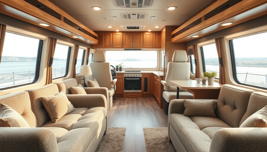 Modern rear kitchen travel trailer interior with plush seating.
