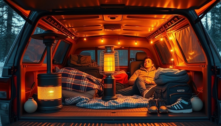 Cozy truck camping with gas heater and warm lighting.