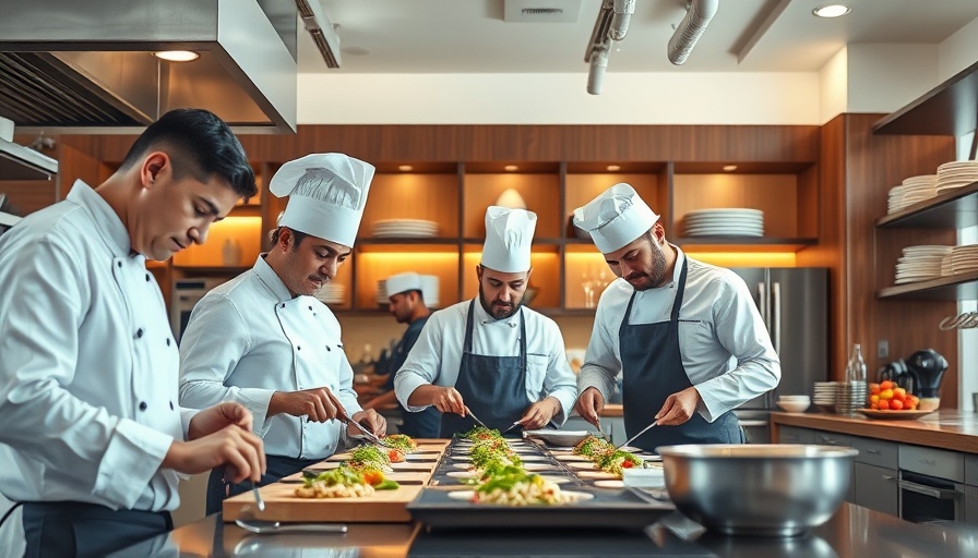Chefs preparing dishes in a modern kitchen during Glamping Marguerite Experience.
