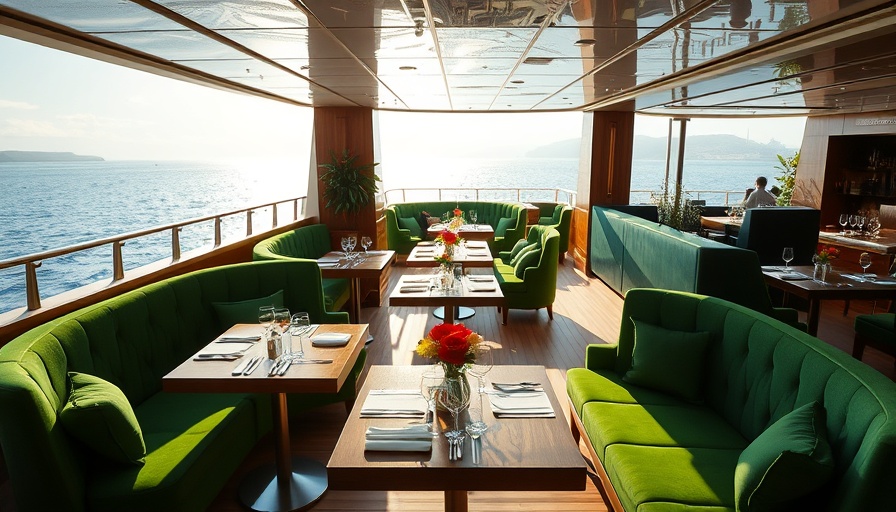 Interior of an elegant Sydney superyacht restaurant with ocean views.