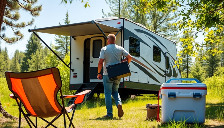 Man with battery approaches sleek RV in green glamping area.