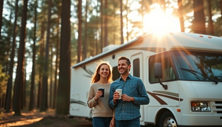 Couple by affordable Class C RV in sunlit forest.