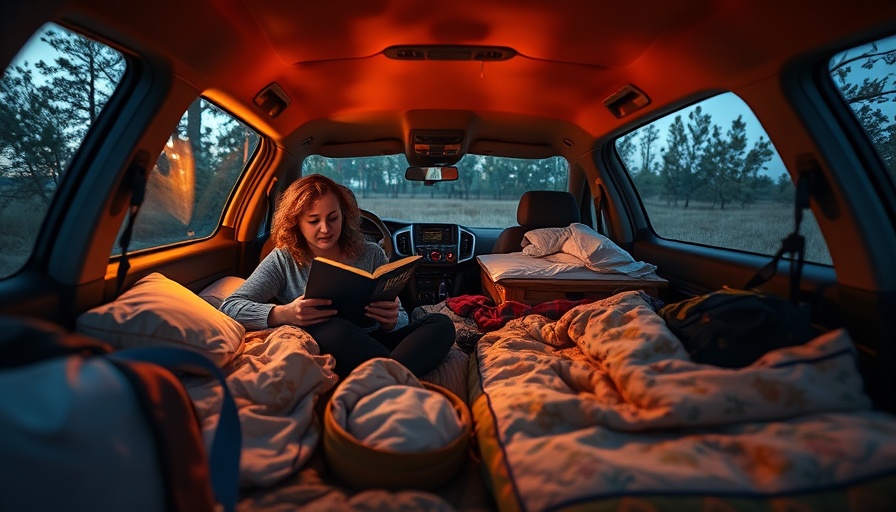 Cozy car interior with glamping gear setup, warm lighting