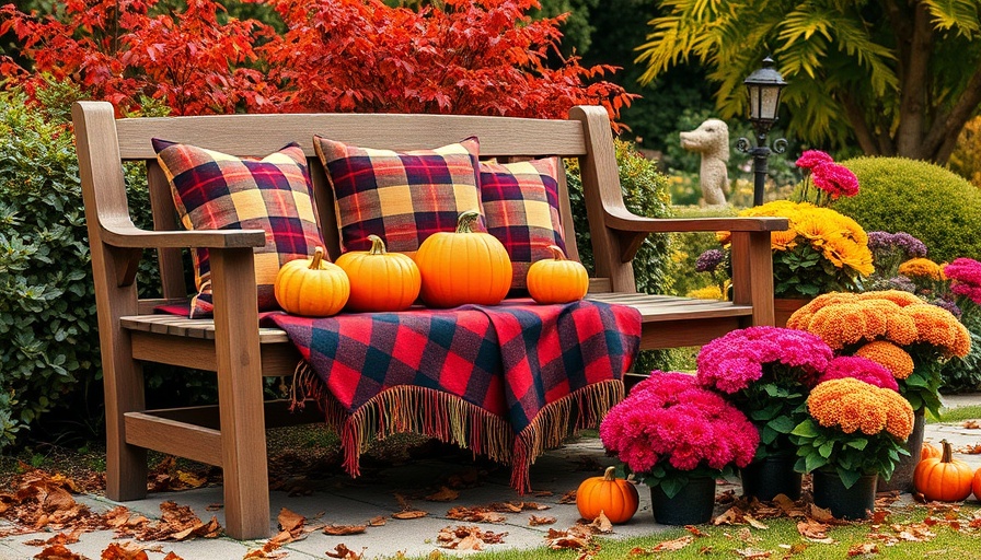 Cozy garden setup with fall decor including chrysanthemum flowers and a pumpkin.