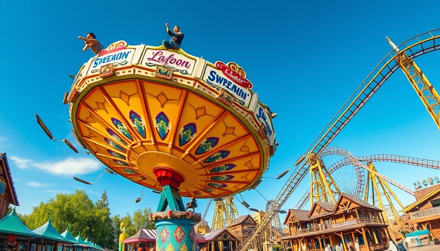 Lagoon Screamin' Swing thrill ride with roller coasters in background.