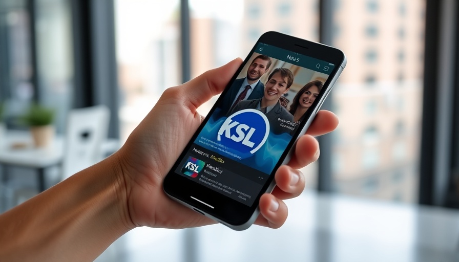 Close-up of hand with KSL News Radio app in office, Salt Lake City storms and tariffs.