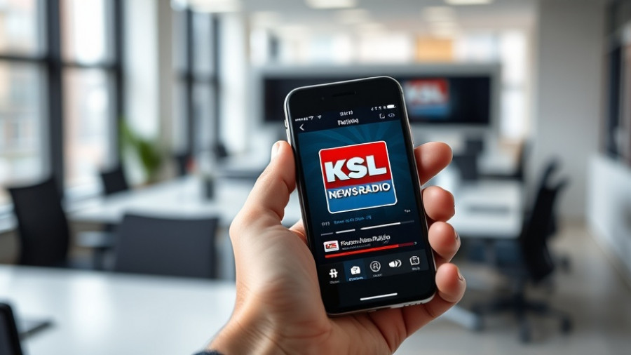 KSL Newsradio app on smartphone in modern office.
