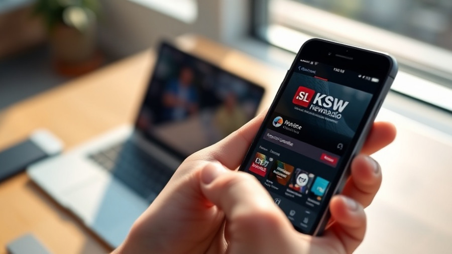 KSL NewsRadio app on smartphone in sunlit office.