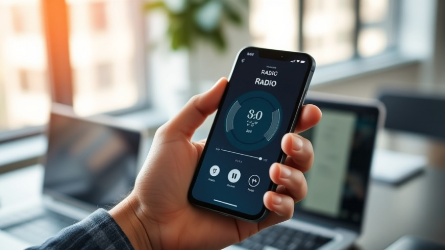 Hand holding smartphone with radio app in modern office, Salt Lake City Community Initiatives.