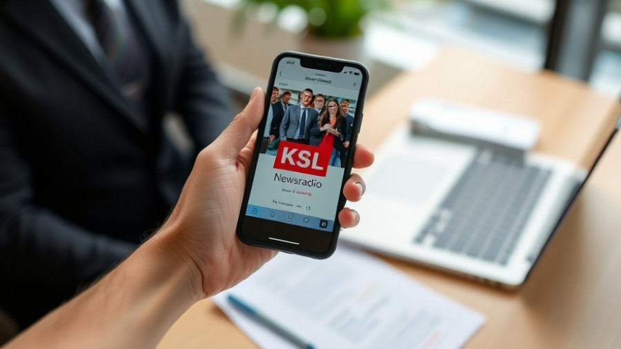 KSL Newsradio app display in office environment, Salt Lake City community events.