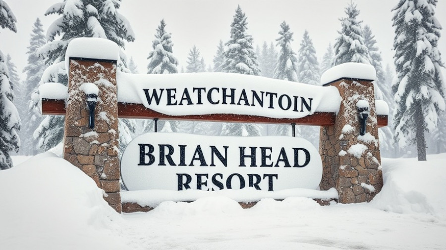 Snowy Brian Head Resort sign capturing winter ambiance.