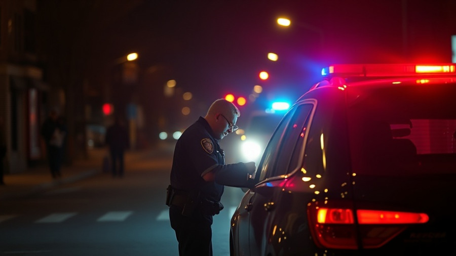Police officer inspecting vehicle in DUI incident, Salt Lake City, nighttime.