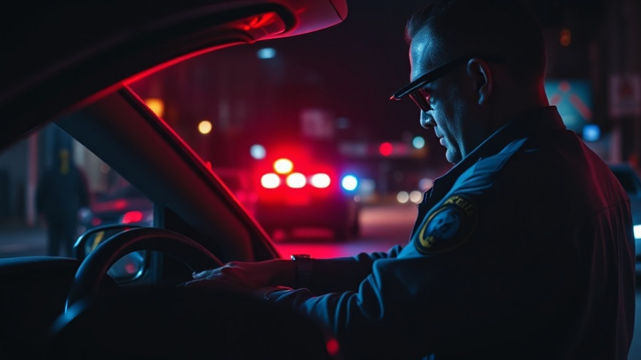 Officer checking driver at night with DUI focus, red-blue lighting.
